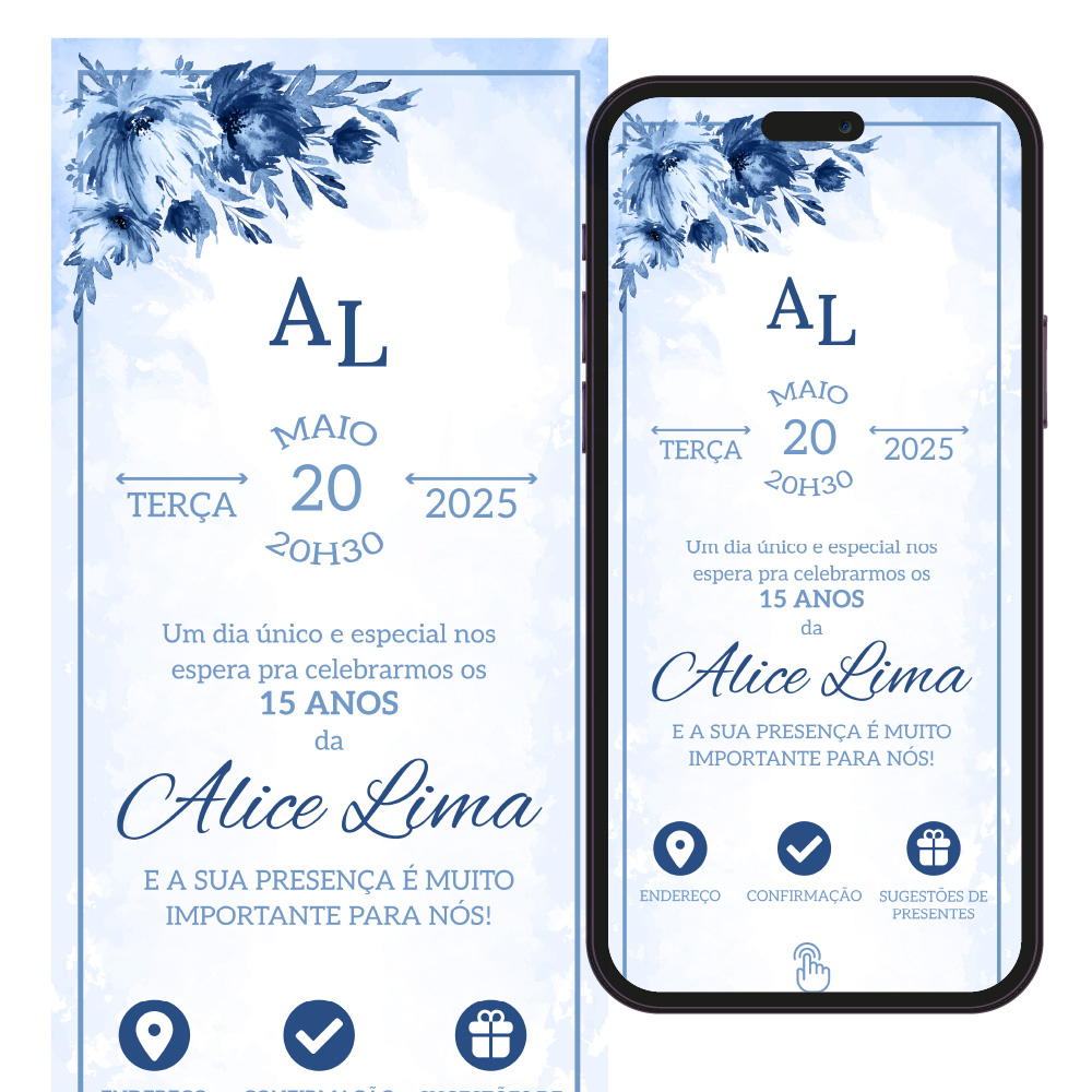 Convite 15 anos em pdf branco com rosas azuis.