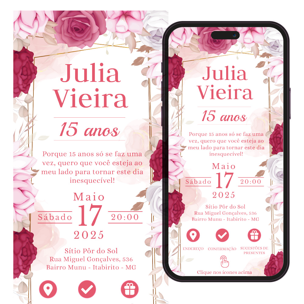 Convite 15 anos em pdf floral vermelho e branco.