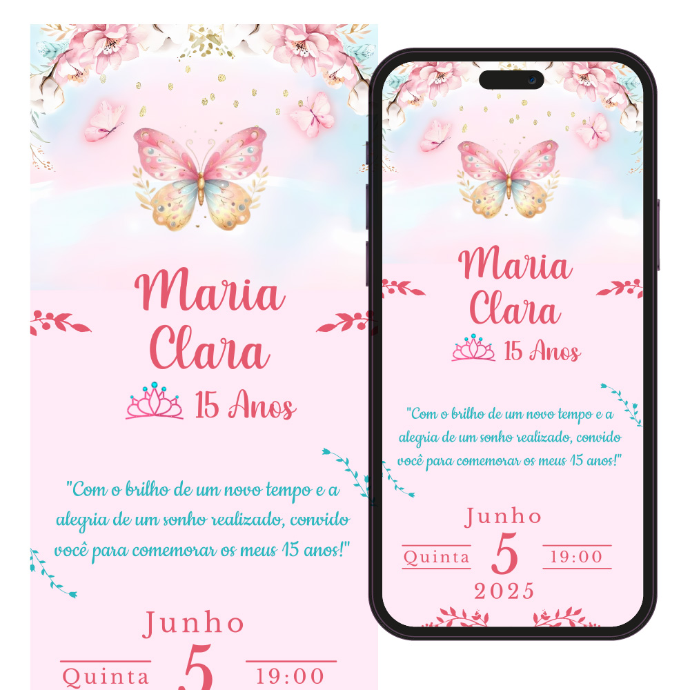 Convite 15 anos em pdf rosa com detalhes com borboletas.