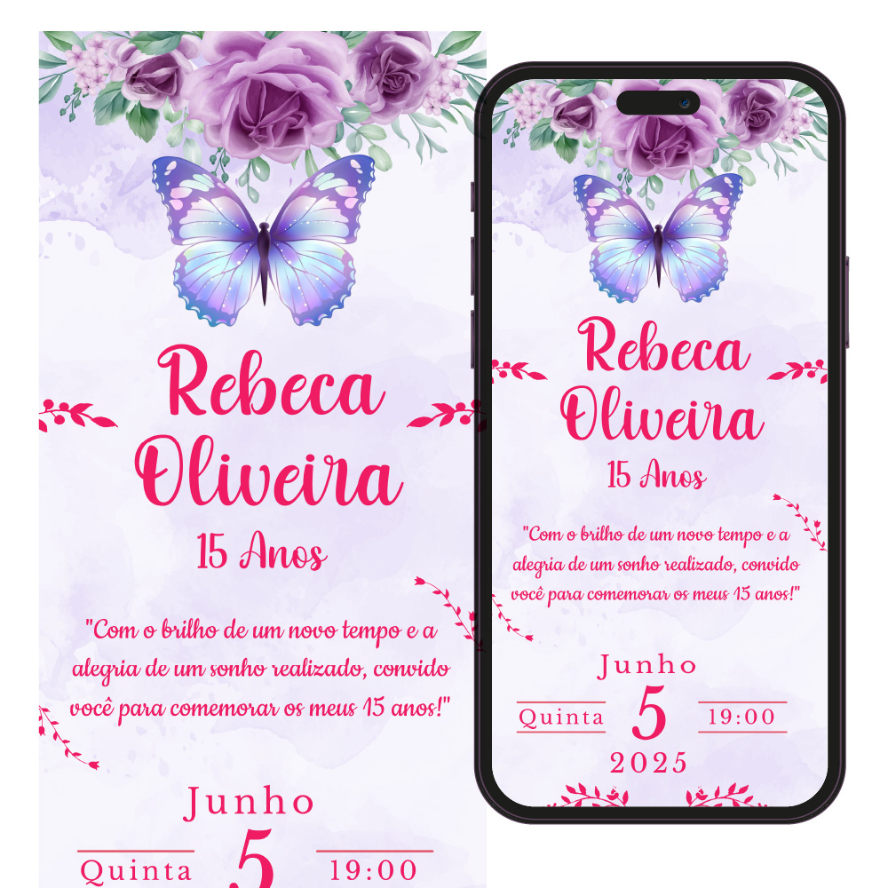 Convite 15 anos em pdf lilás com borboletas.