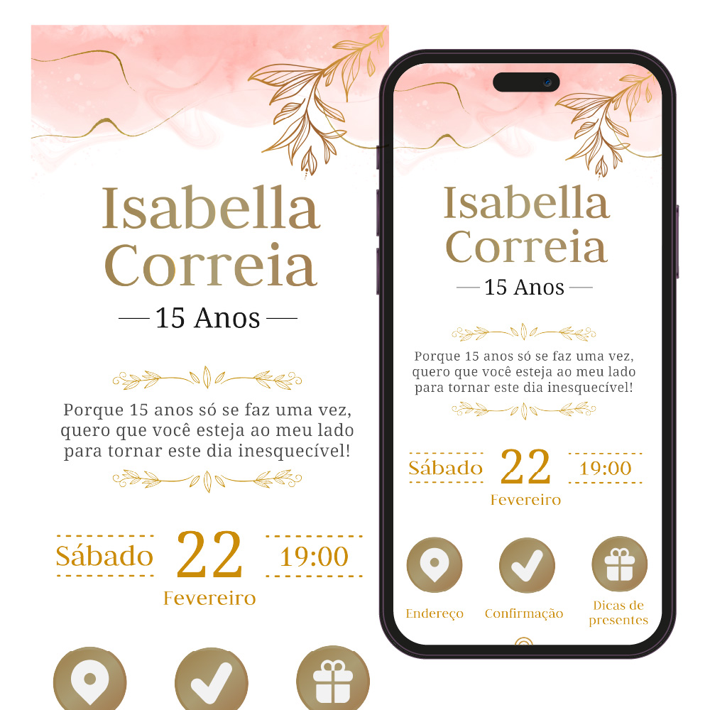 Convite 15 anos em pdf rosa com detalhes em dourado.