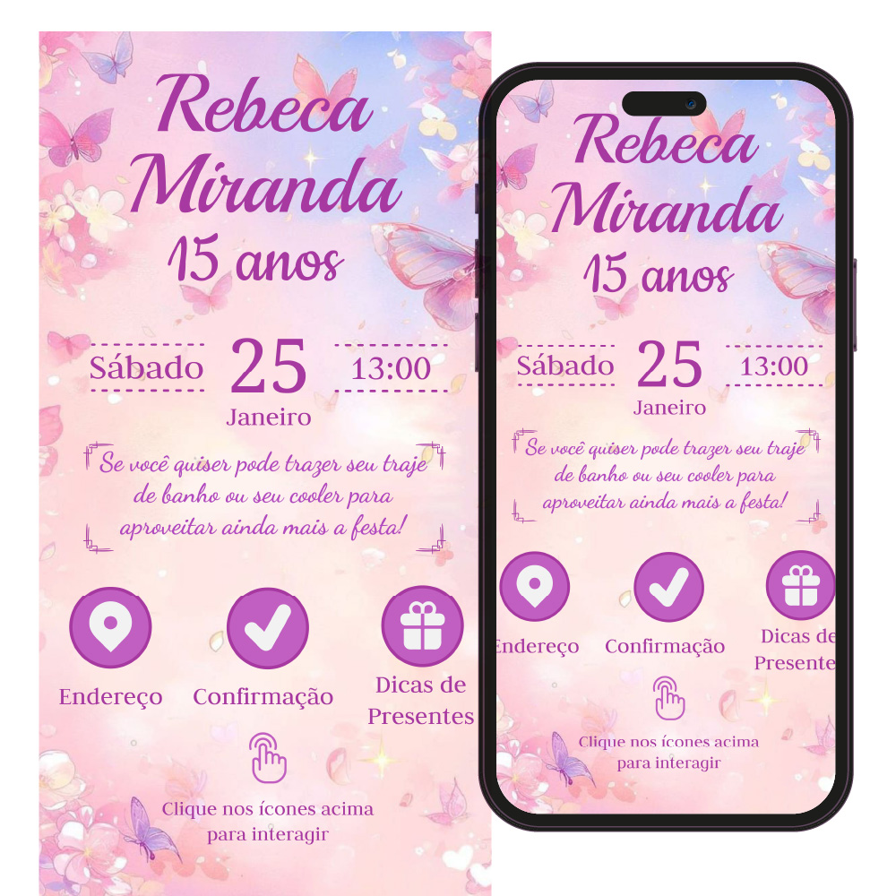 Convite 15 anos em pdf roxo e com fundo rosa.