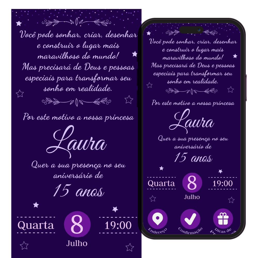 Convite 15 anos em pdf roxo e azul escuro.