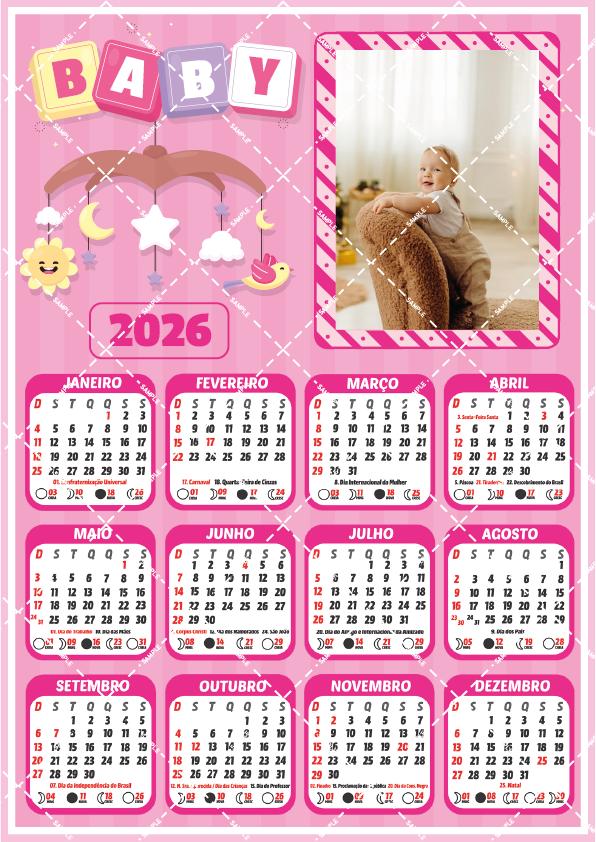 Calendário 2026 primeiro ano do bebê personalizado para editar rosa