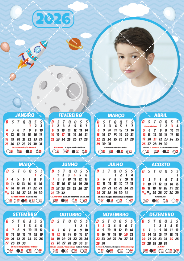 Calendário 2025 menino espacial para editar personalizado