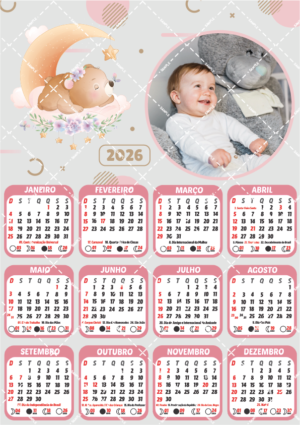Calendário 2026 primeiro ano do bebê personalizado para editar