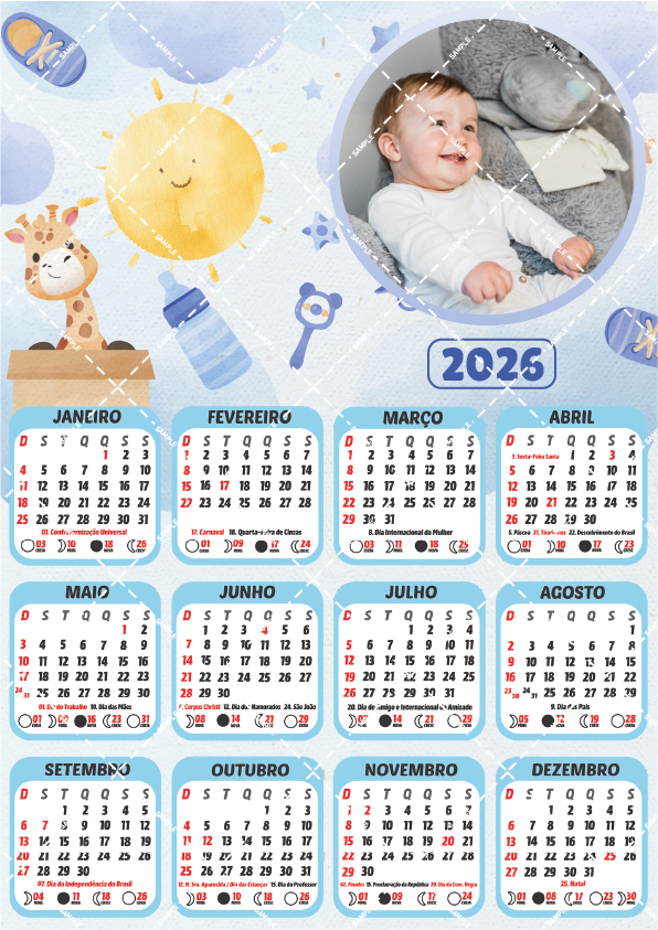Calendário 2026 primeiro ano do bebê azul claro personalizado para editar