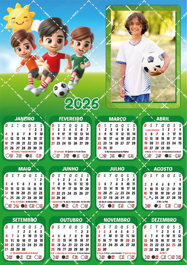 Calendário 2026 menino futebol personalizado