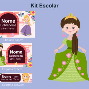 Etiqueta Escolar Digital princesa com 3 etiquetas