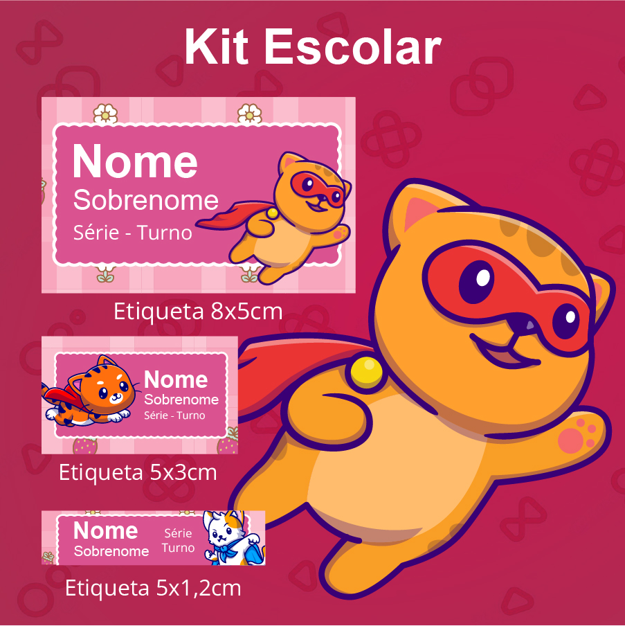 Etiqueta Escolar Digital Super gatos fofos com 5 etiquetas