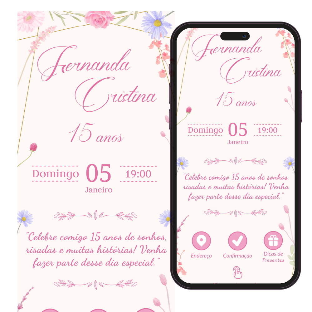 Convite digital 15 anos rosa-claro floral
