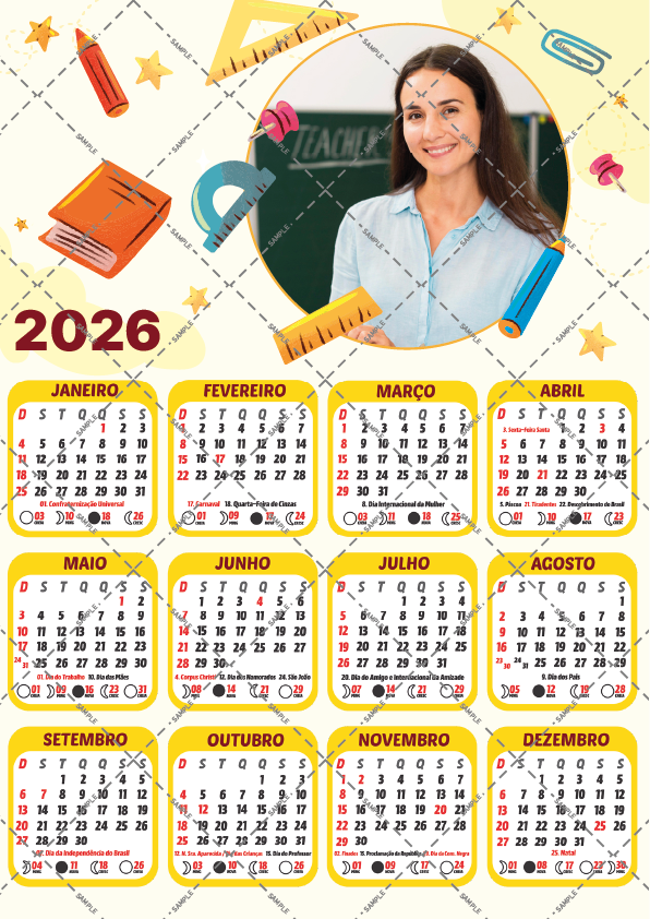 Calendário 2026 para professora amarelo