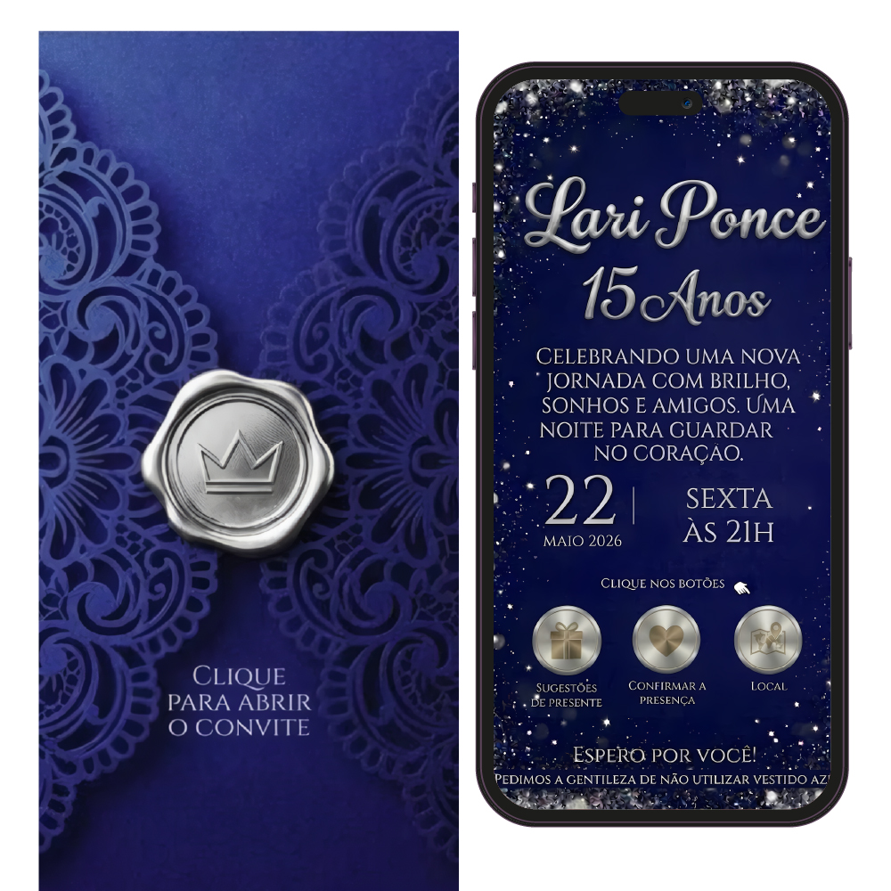 Convite 15 Anos azul royal com abertura